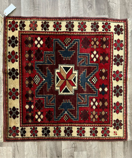 3'4" x 3'4" Square Vintage Hand-knotted Wool Oriental Rug